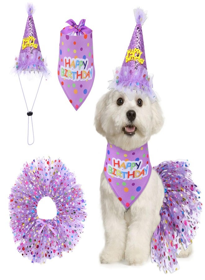 Hpmjz Dog Birthday Bandana with Hat and Dress Girl Set Puppy Birthday Party Supplies Cute Tutu Skirt Outfit for Small Medium Large Dogs Decorations(Purple) - Image 1